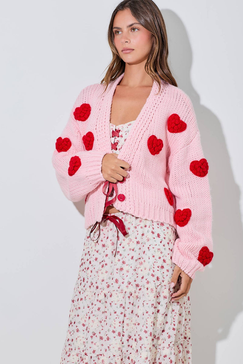 Buy PINK KNITTED CARDIGAN WITH RED BUBBLE HEART DETAIL Online