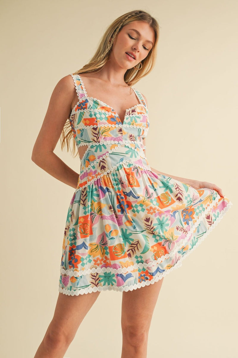 Pink Multi Print Cut Out Lace Trim Fit and Flare Mini Dress Pink Multi Print Cut Out Lace Trim Fit and Flare Mini Dress