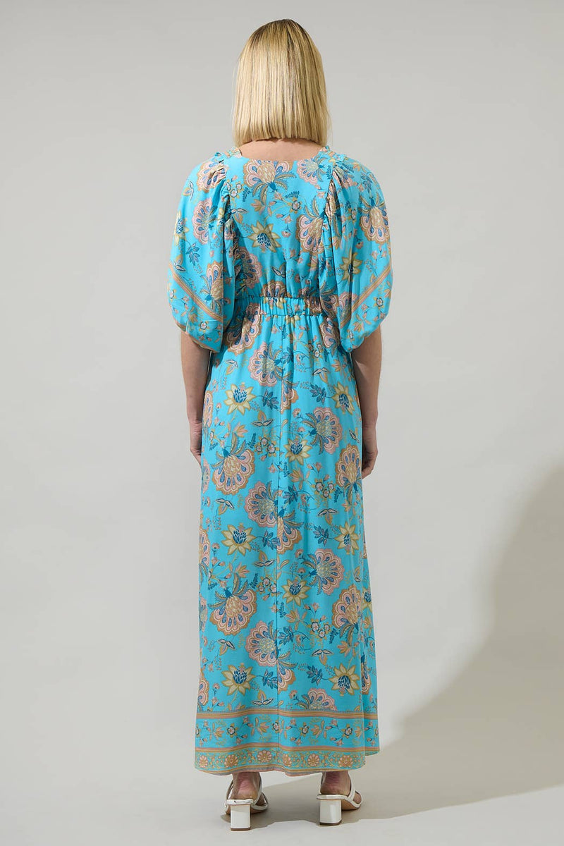 Raven Turquoise and Floral Hant V-Neck Midi Dress Raven Turquoise and Floral Hant V-Neck Midi Dress