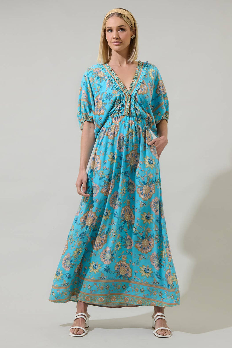 midi dress turquoise Raven Turquoise and Floral Hant V-Neck Midi Dress