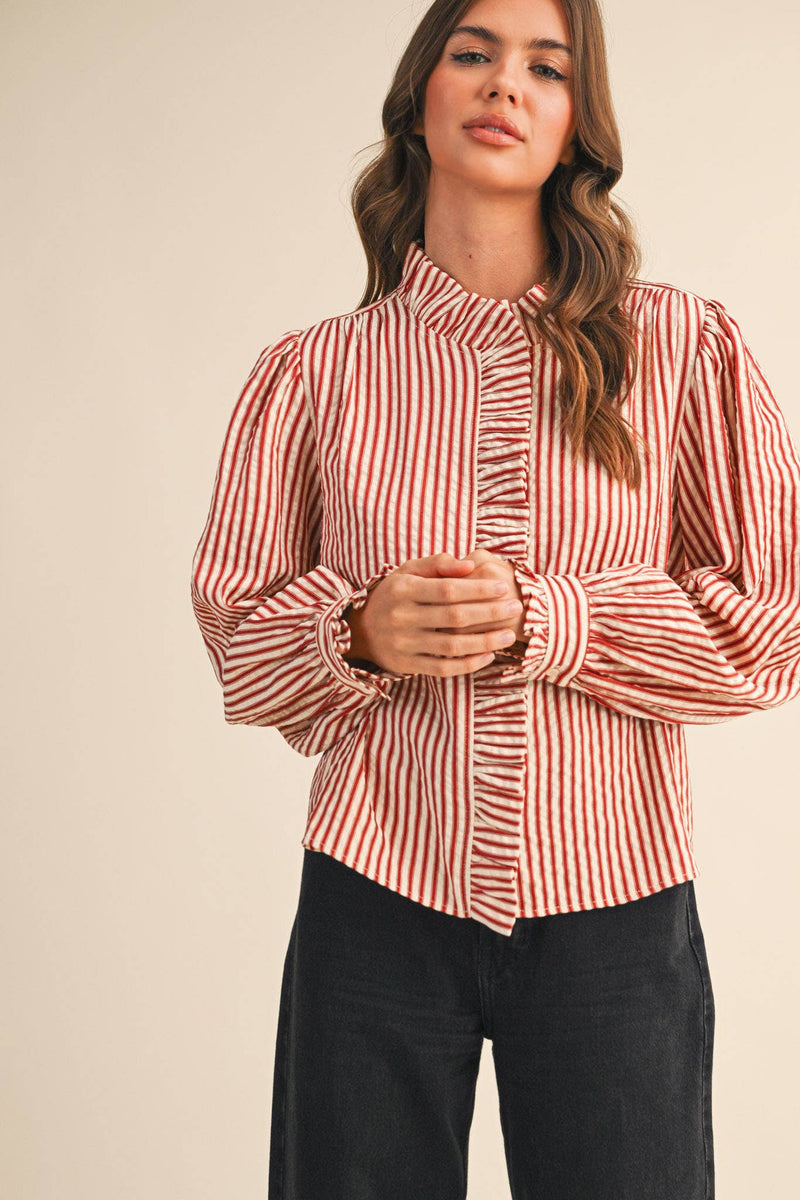 RED STRIPED RUFFLED BUTTON DOWN LONG SLEEVE TOP