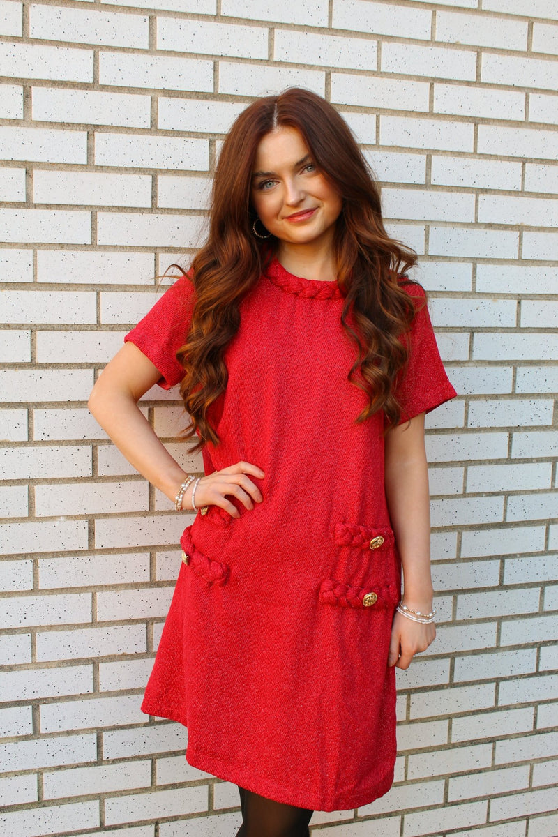 red tweed dress Round Neck Twist Trim Mini Small 30-off-bestsellers-july25 American Living Lace Sleeveless Color:ORANGE-PINK-MULTI The model shown is