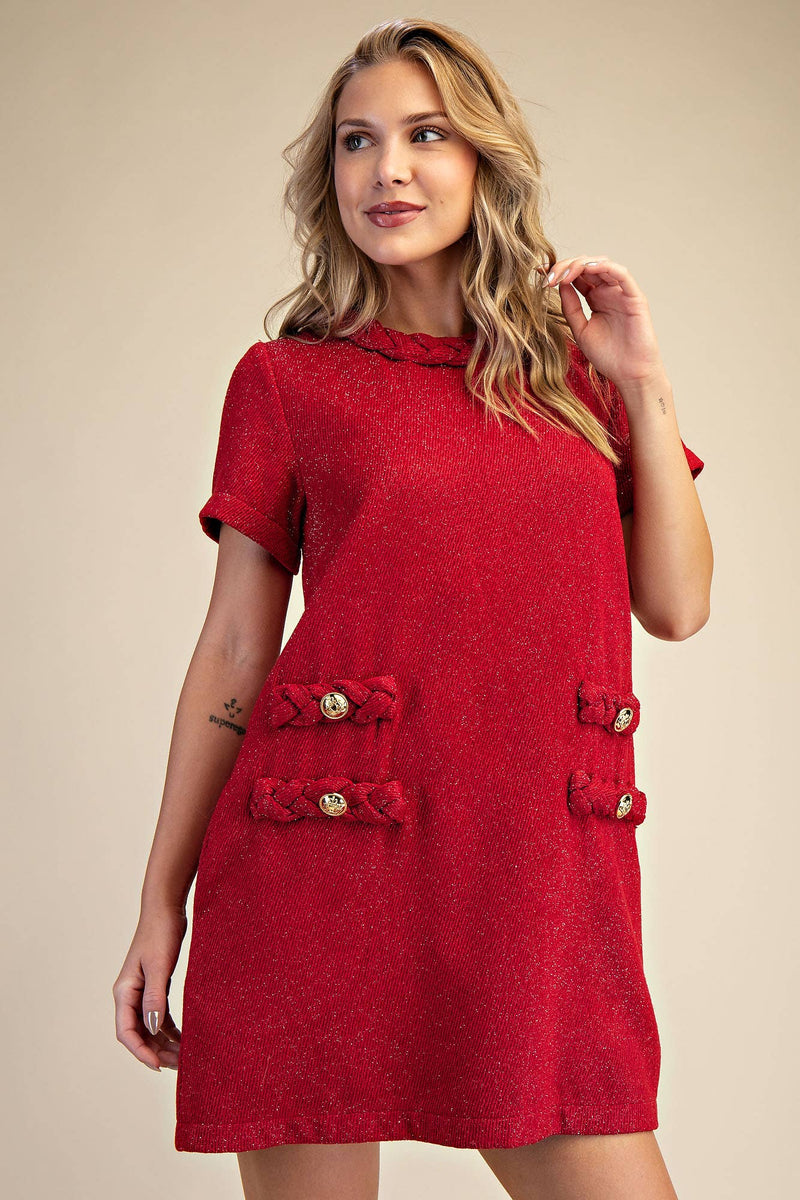 red tweed mini dress Red Tweed Round Neck Twist Trim Mini Dress Small