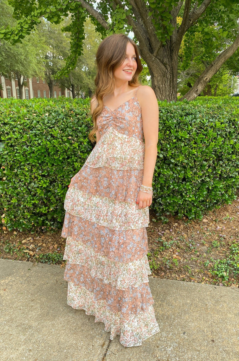 ROMANTIC FLORAL TIERED RUFFLE MAXI DRESS WITH SMOCKED BACK ROMANTIC FLORAL TIERED RUFFLE MAXI DRESS WITH SMOCKED BACK