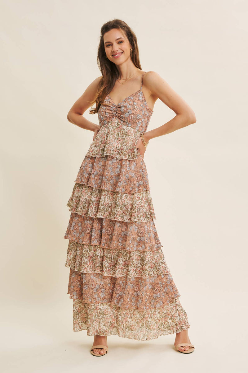 ROMANTIC FLORAL TIERED RUFFLE MAXI DRESS WITH SMOCKED BACK ROMANTIC FLORAL TIERED RUFFLE MAXI DRESS WITH SMOCKED BACK