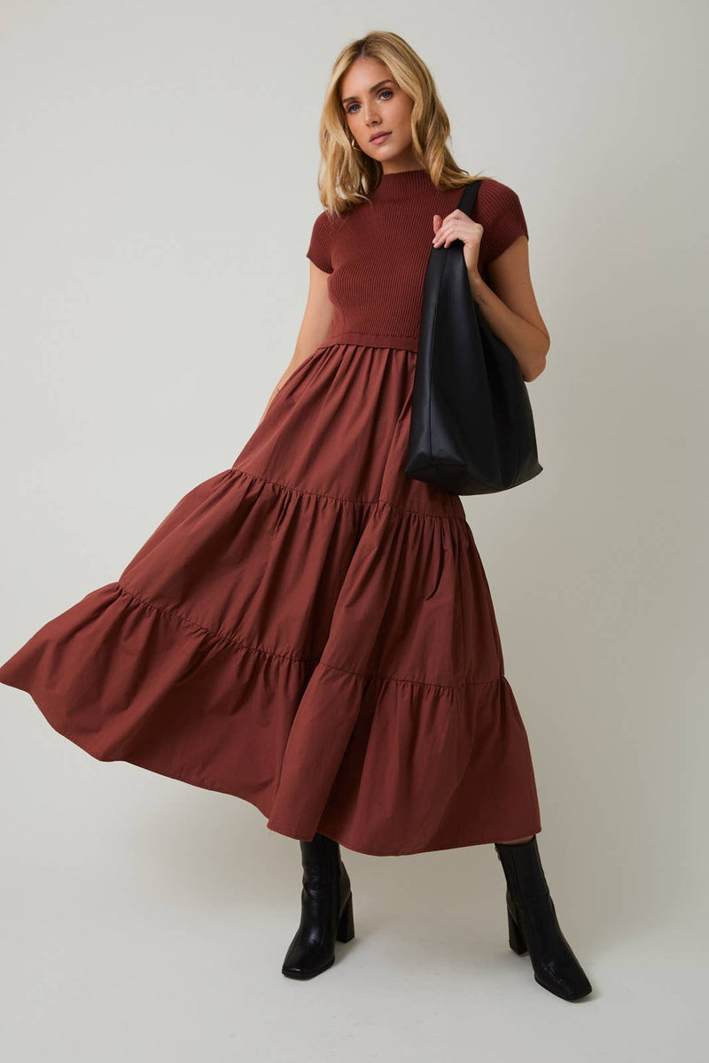 rust midi dress RUST MOCK NECK SHORT SLEEVE KNIT & WOVEN MIX TIERED MIDI DRESS