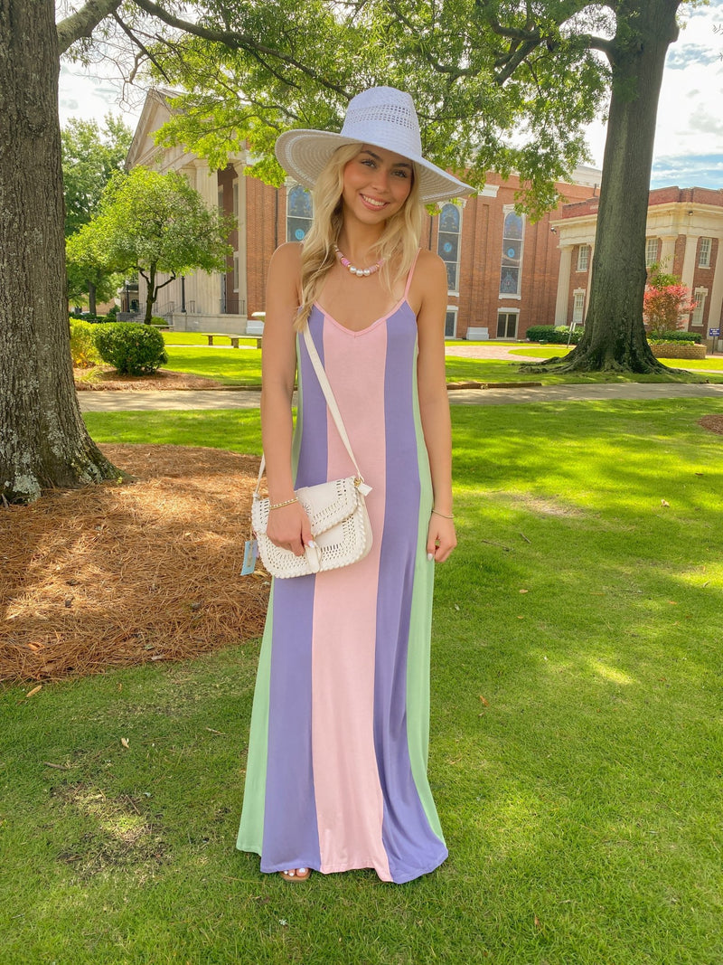 SAGE KIWI AND PURPLE STRIPED COLORBLOCK SPAGHETTI STRAP MAXI DRESS Small