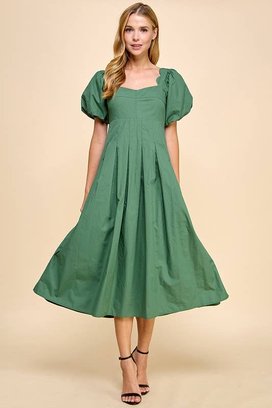 Sage Sweetheart Neckline Puff Sleeve Pleated Midi Dress Large
