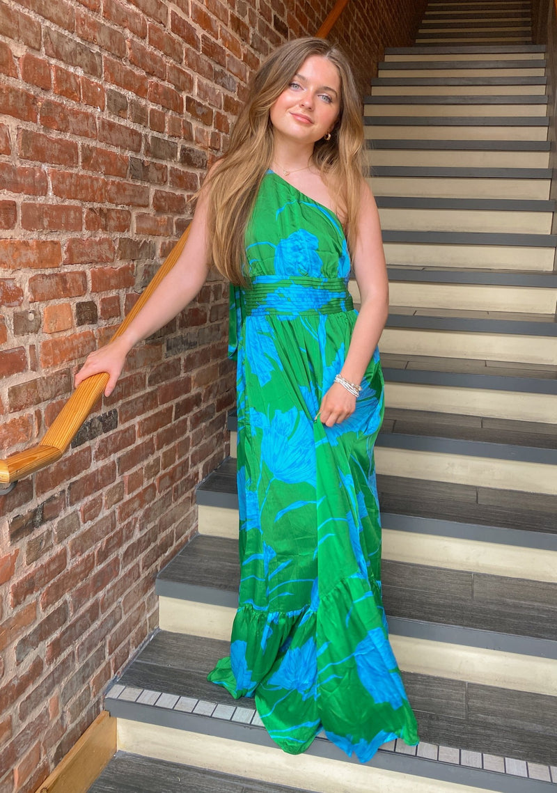 Seamoss Kelly Blue Floral Bayou One Shoulder Maxi Dress in Sizes XS - 3X Curve Seamoss Kelly Blue Floral Bayou One Shoulder Maxi Dress in Sizes XS - 3X Curve
