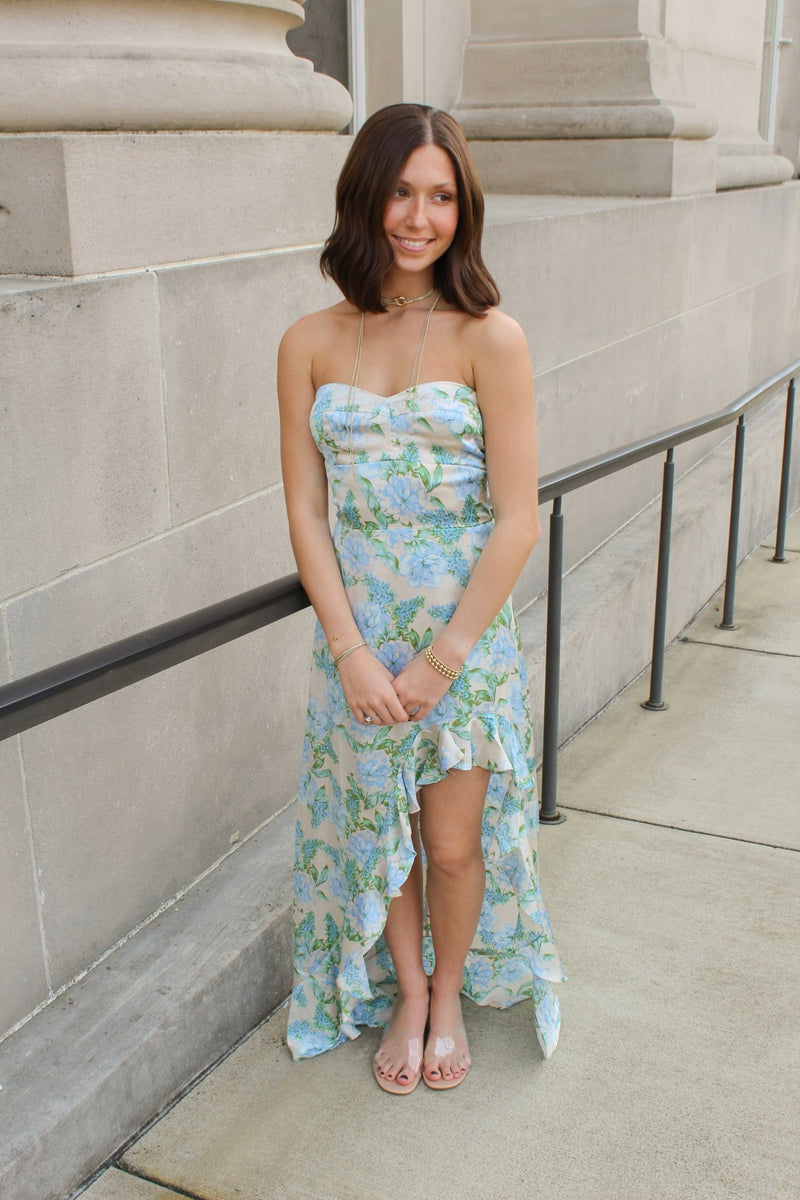 blue asymmetrical ruffle dress Stolen Love Strapless Hem Maxi bride dress ASYMMETRICAL DROPWAIST DRESS in Color:As on photo