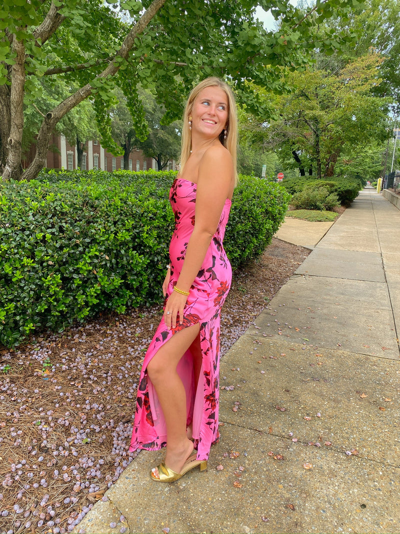 STRAPLESS BIAS CUT ROSE PINK FLORAL MAXI DRESS STRAPLESS BIAS CUT ROSE PINK FLORAL MAXI DRESS