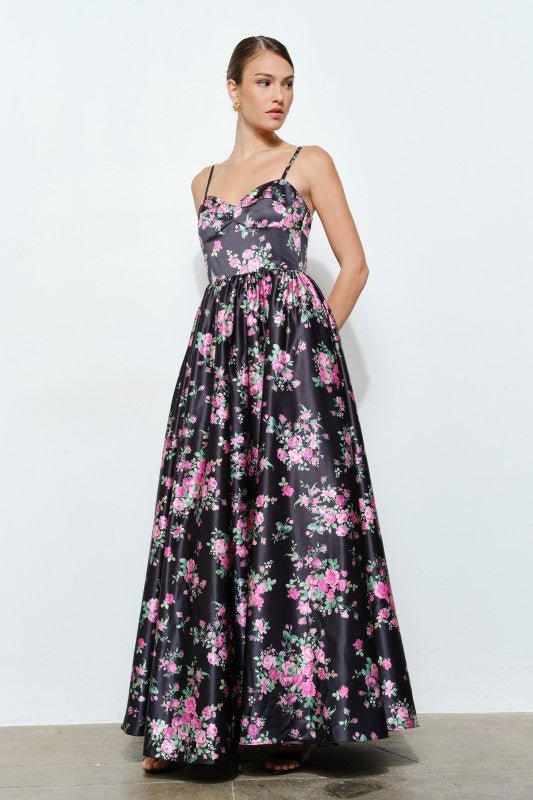 Sweetheart Black and Pink Satin Sleeveless Floral Maxi Dress Large Sweetheart Black and Pink Satin Sleeveless Floral Maxi Dress Large