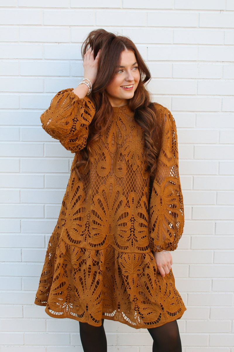 Taupe Damask Lace Mini Dress Medium