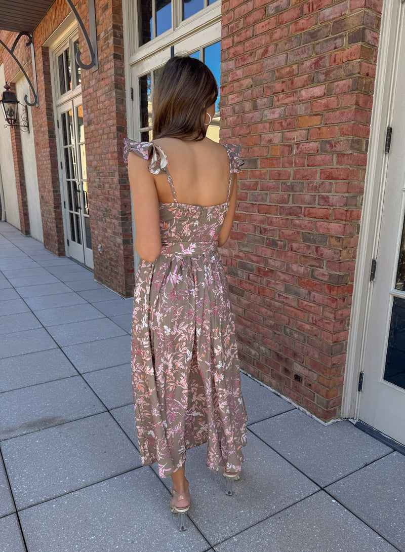 Buy Taupe Floral Corset Flutter Midi Maxi Dress Online