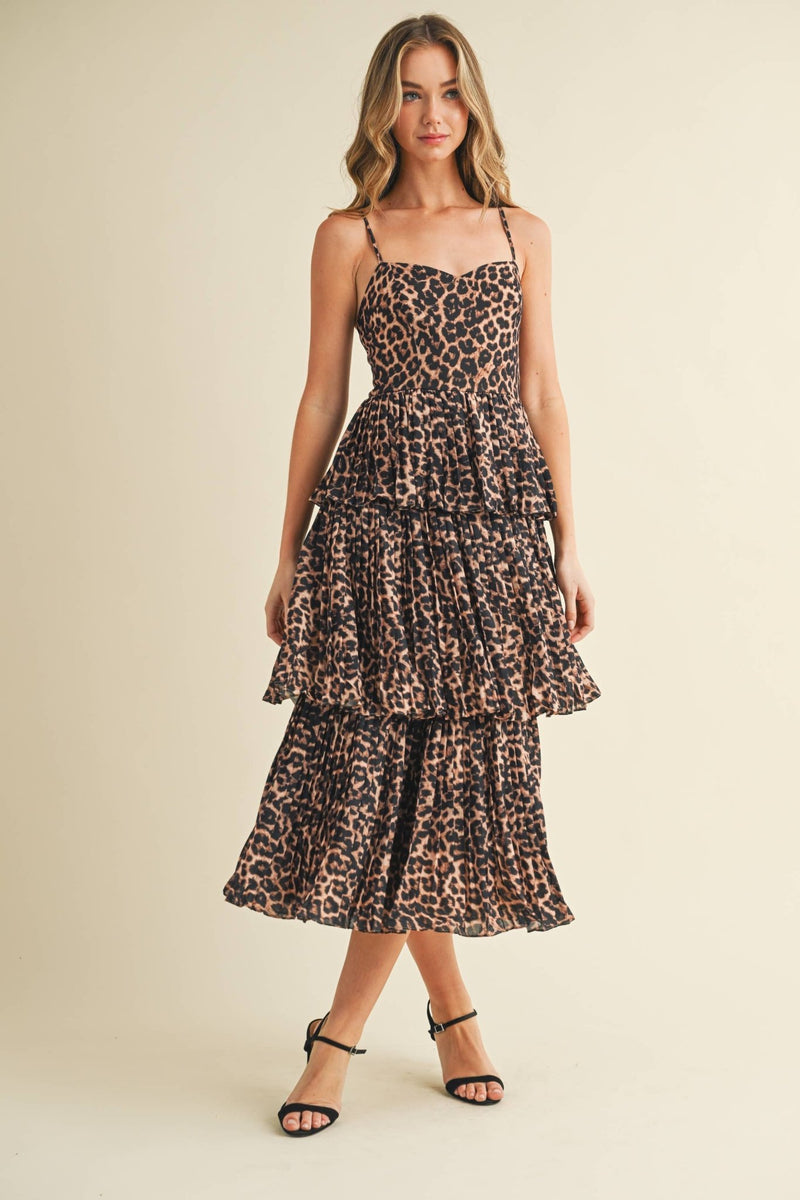 knee length dresses for ladies Leopard Print Sweetheart Neckline Midi Dress S