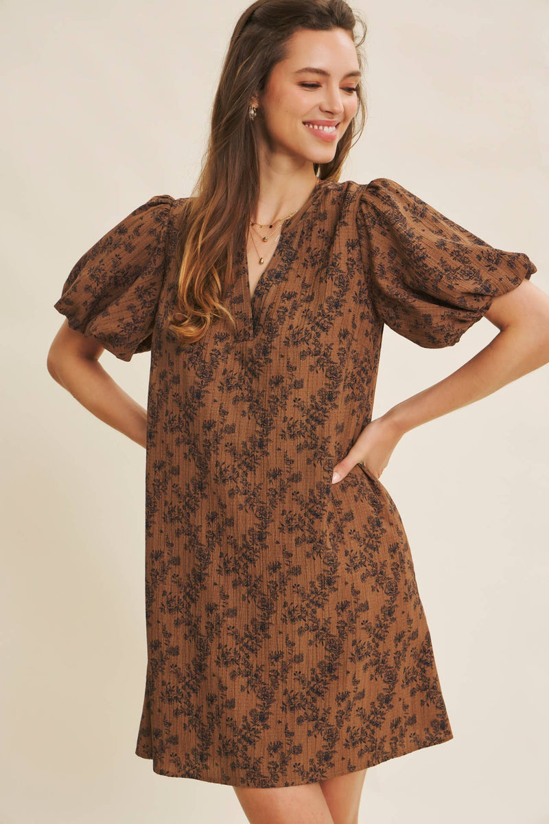 TEXTURED FLORAL MINI A-LINE DRESS WITH BUBBLE SLEEVES Small TEXTURED FLORAL MINI A-LINE DRESS WITH BUBBLE SLEEVES Small