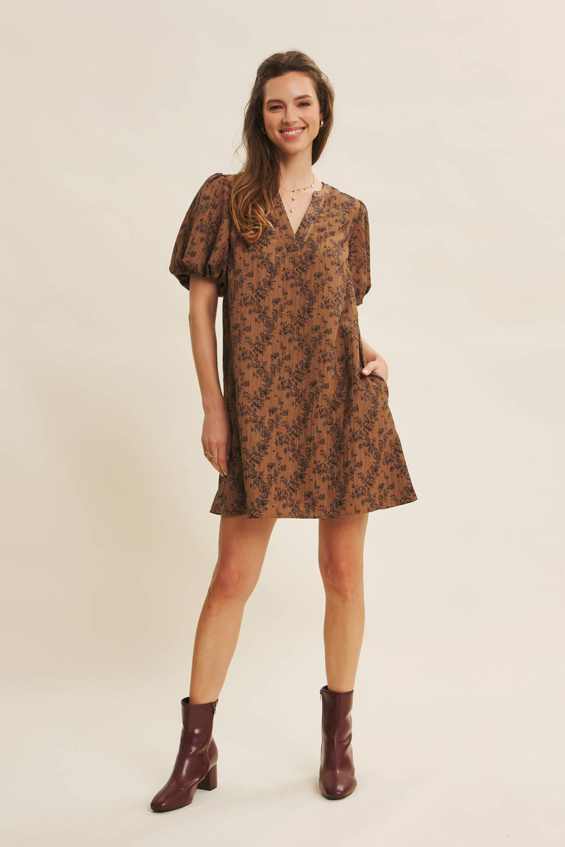 TEXTURED FLORAL MINI A-LINE DRESS WITH BUBBLE SLEEVES TEXTURED FLORAL MINI A-LINE DRESS WITH BUBBLE SLEEVES
