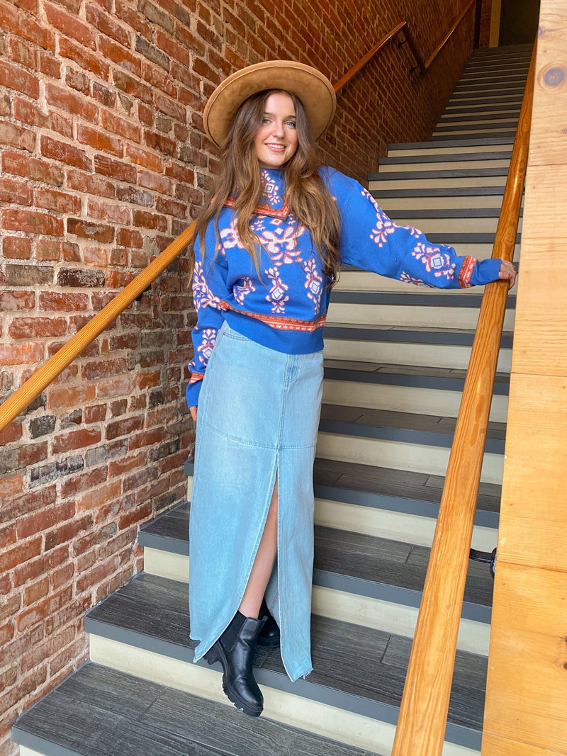 THML Blue and Orange Scarf Neck Print Long Sleeve Sweater