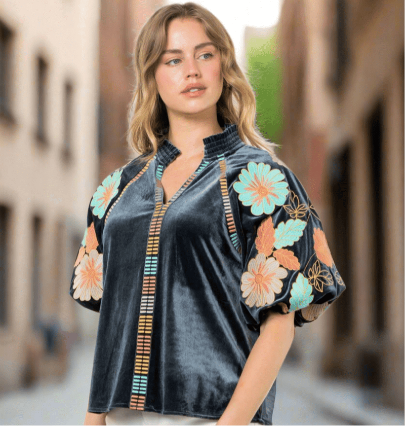 THML Blue Floral Embroidered Puff Sleeve Velvet Top