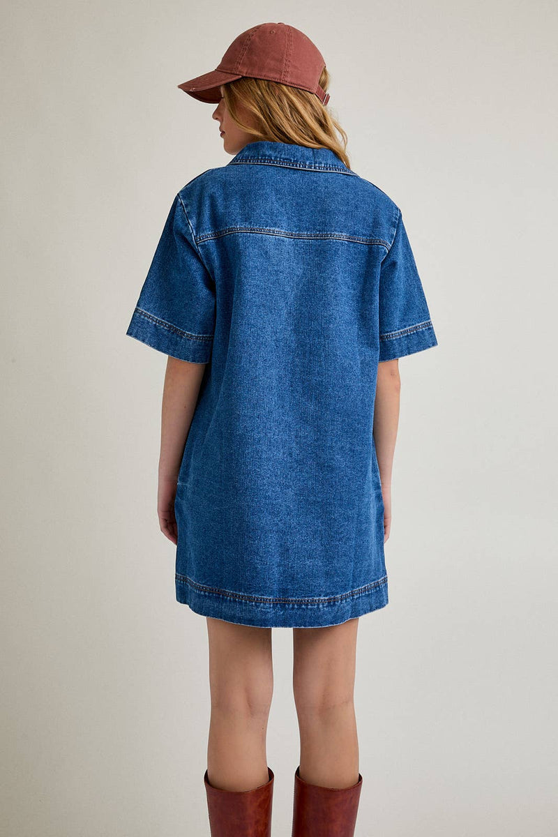 V-NECK SHORT SLEEVE DENIM MINI DRESS V-NECK SHORT SLEEVE DENIM MINI DRESS