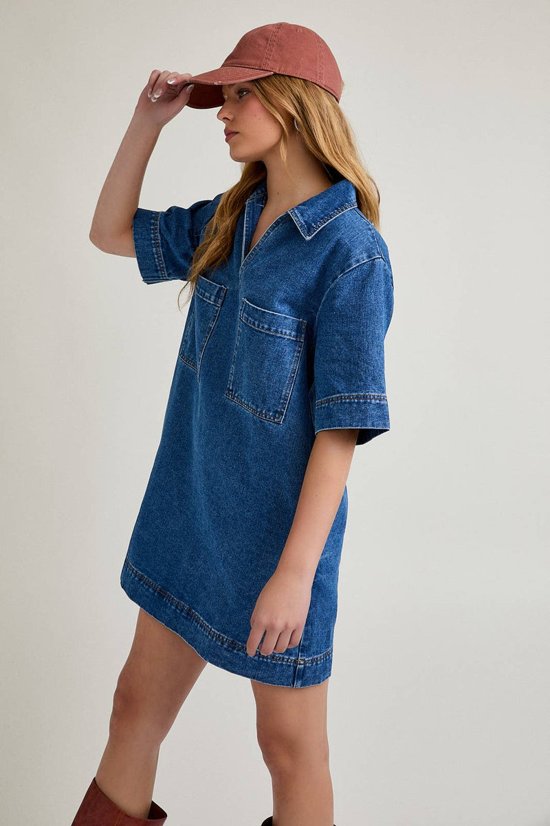 knee length dresses for ladies Short Sleeve Denim Wrap Midi Dress in Blue