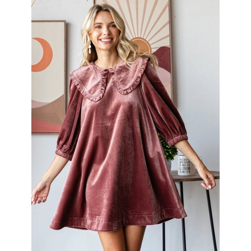 VELVET PUFF SLEEVE PETER PAN COLLAR SHORT DRESS VELVET PUFF SLEEVE PETER PAN COLLAR SHORT DRESS