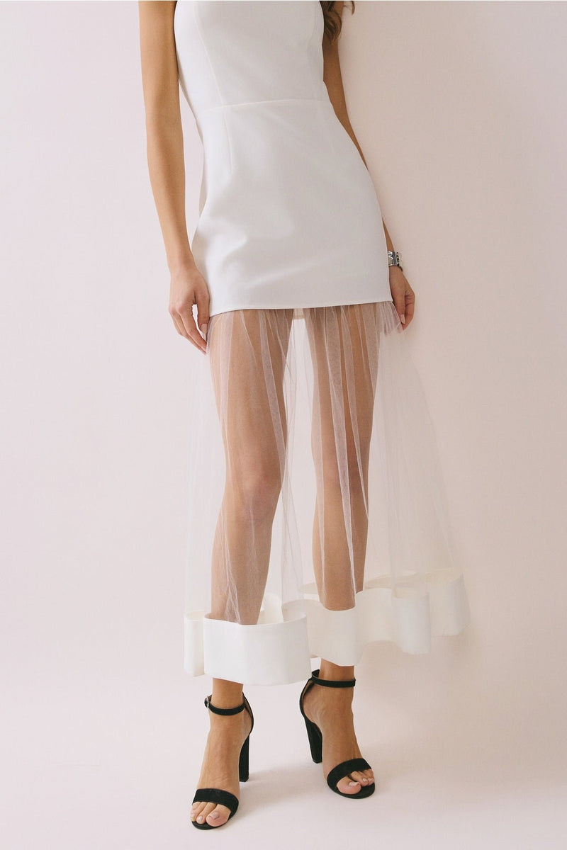 White Elegant Strapless Sheer Mesh Hem Maxi Dress
