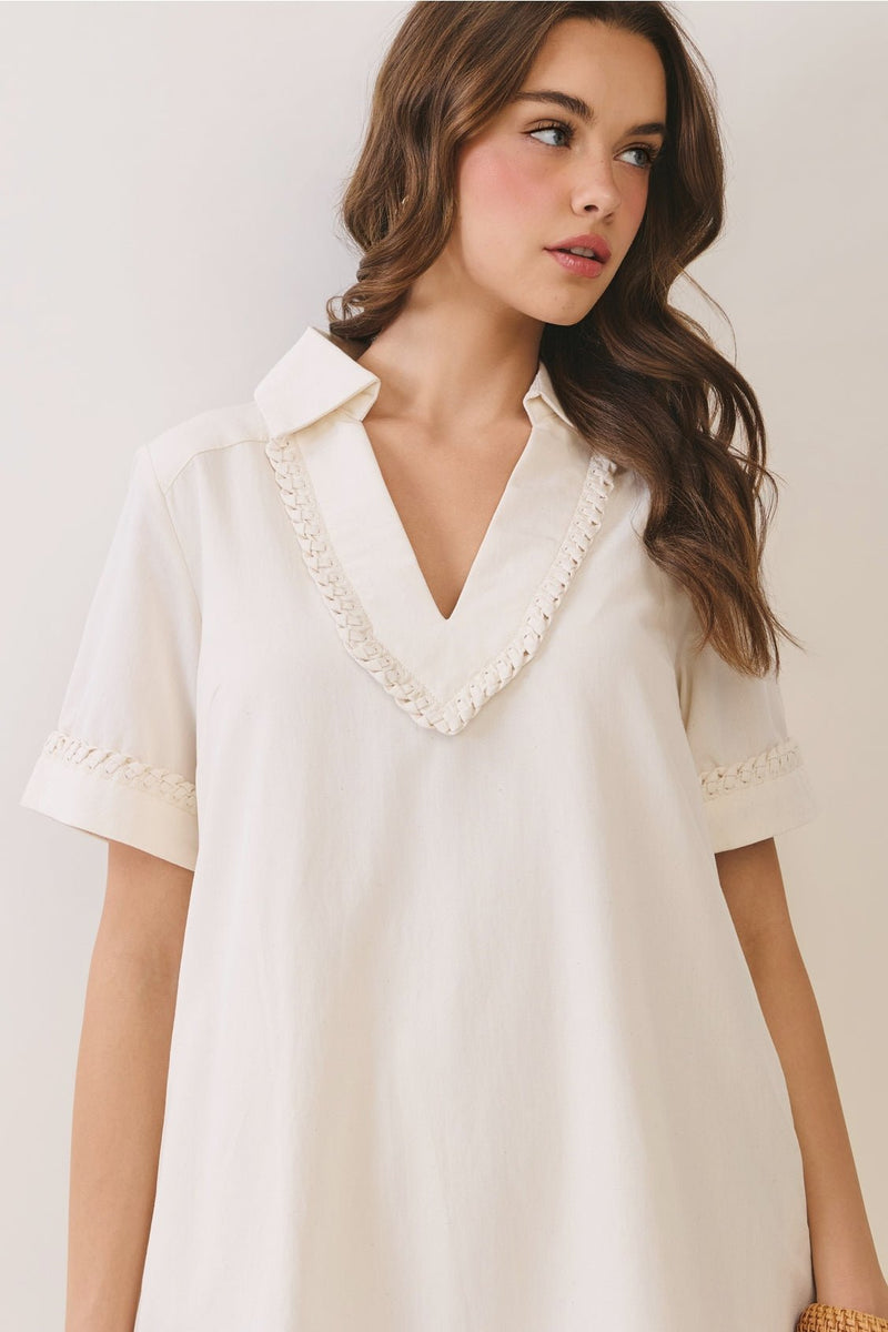 shift v neck dress White V-Neck Short Sleeve Collared with Braided Trim and Pockets Large 89 cm/34 Size:US16W Black Gold Short Dress Ethically made