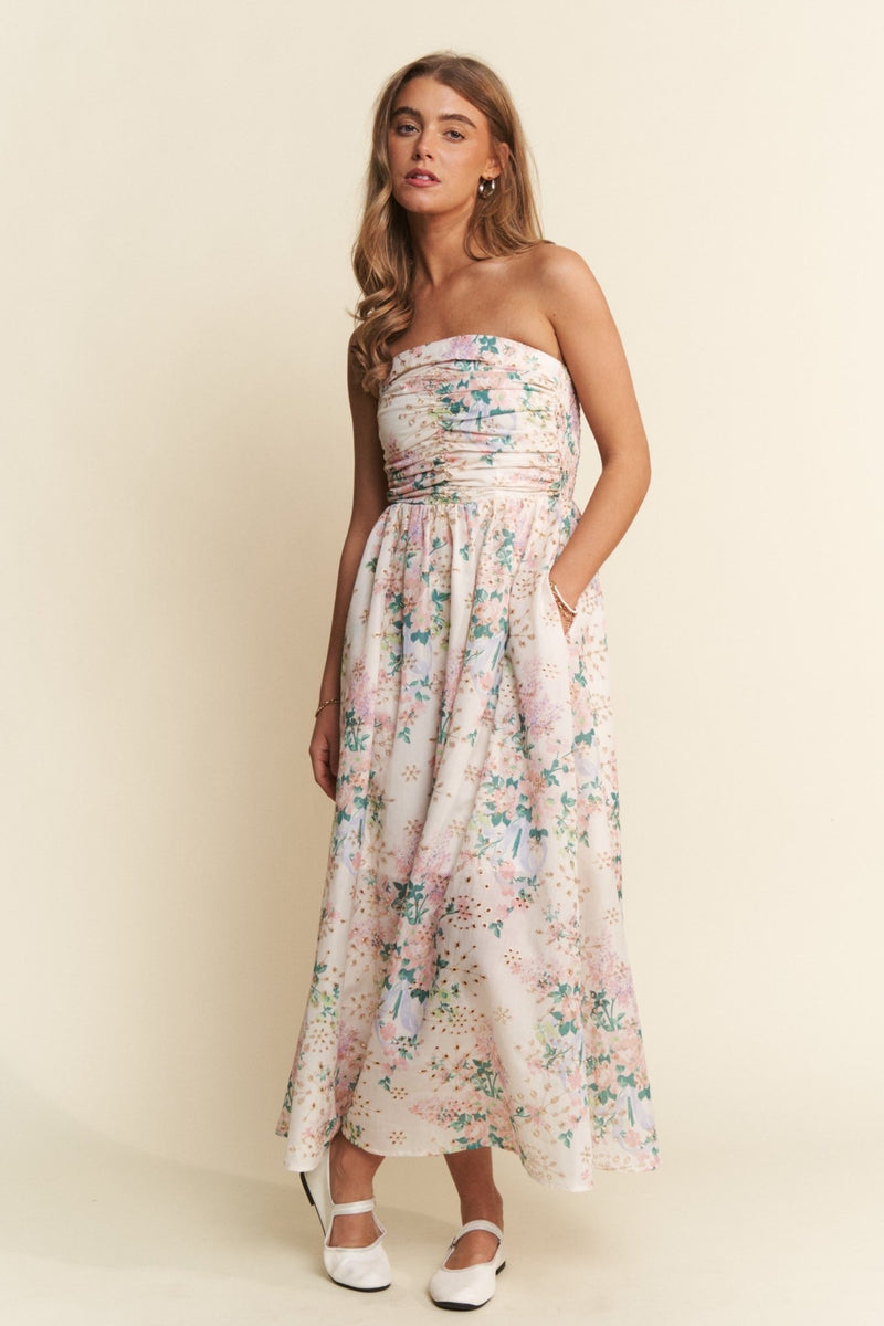 Women's Pastel Floral Eyelet Lined Midi Dress with Pockets. 3X