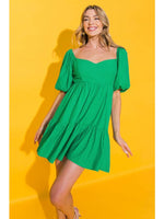 GREEN SOLID MINI DRESS WITH SWEETHEART NECKLINE AND BUBBLE SHORT SLEEVE-FLYING TOMATO-Sissy Boutique