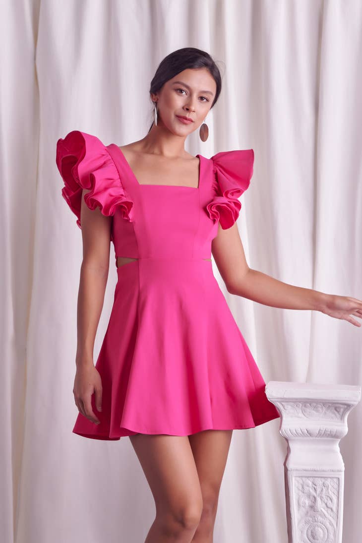 Buy Hot Pink Ruffled Sleeve Dress with Side Cutouts Online