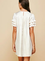 WHITE SHORT SLEEVE SATIN MINI DRESS WITH MULTI-LAYERED RUFFLED SHORT SLEEVES AND POCKETES-PINCH-Sissy Boutique