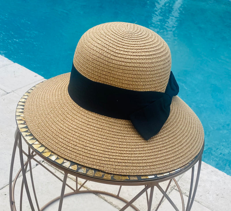 Buy Tan Ladies Adjustable Straw Sun Hat with Black Back Bow Band Online