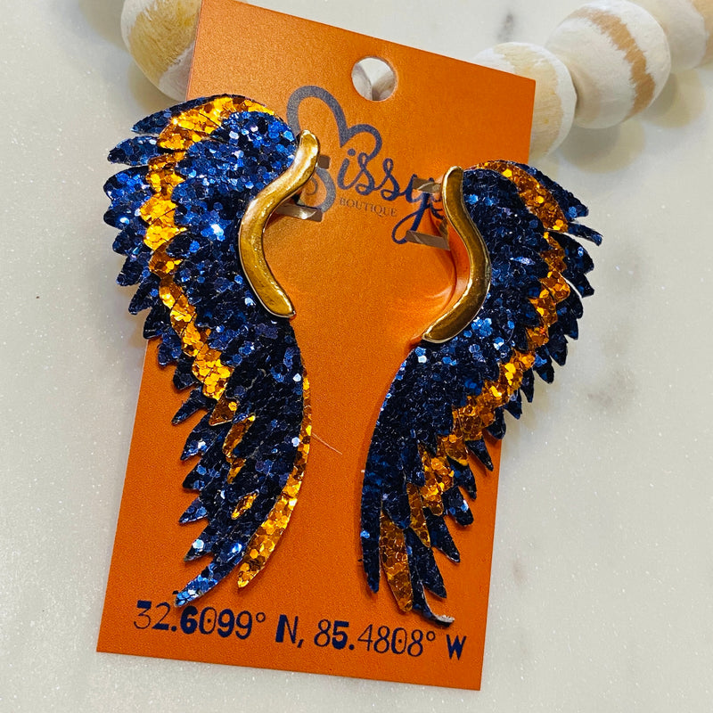 Orange and Navy Glitter Full Angel Wing Earrings Sissy Boutique