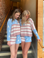 COZY SWEATER AMERICAN FLAG PULLOVER SHORTS SET-Blue B-Sissy Boutique