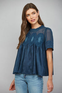 Mocha Brown Suede Top with Sheer Mesh Uppere Panel with Lace Applique | FATE