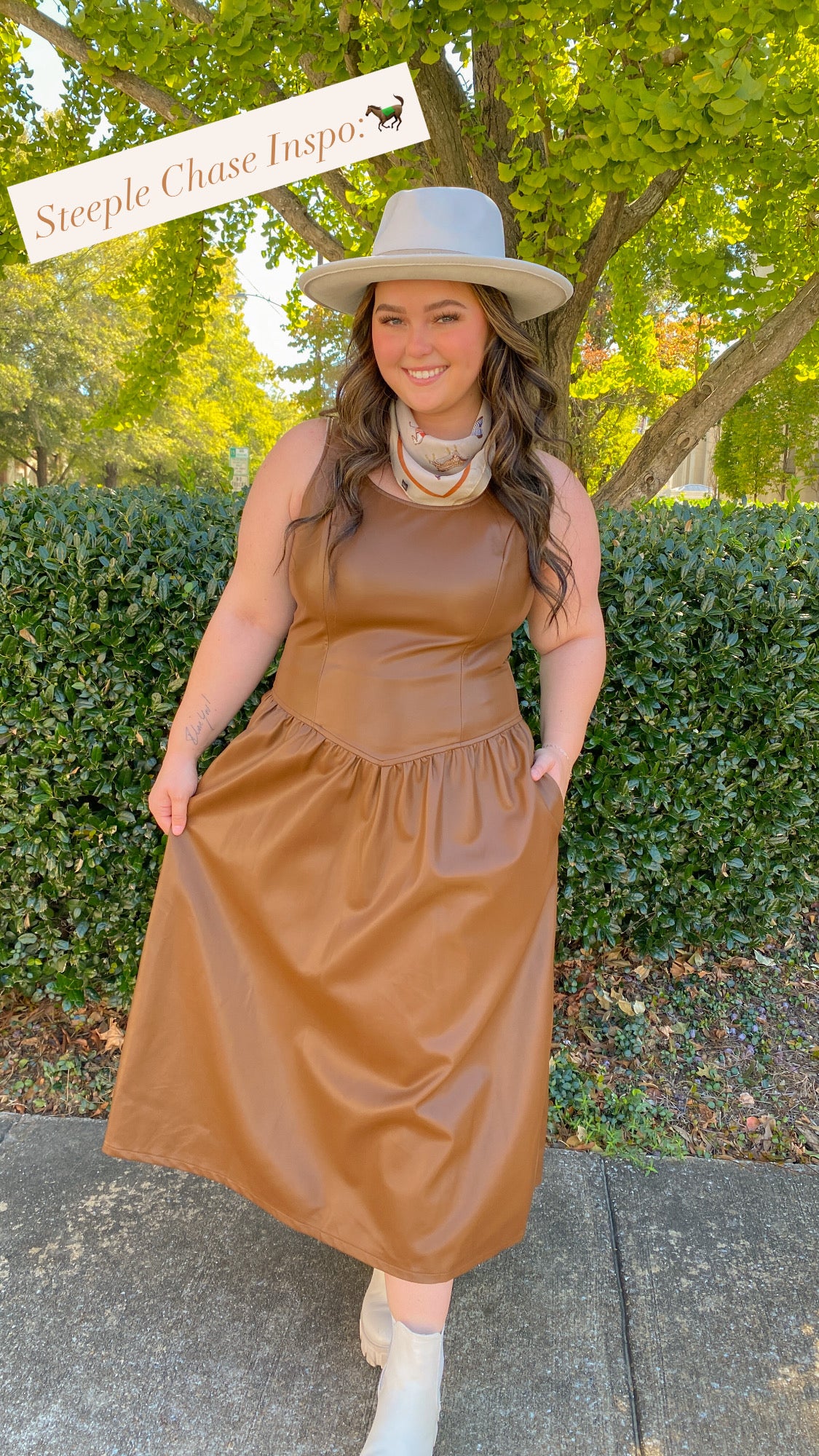 BROWN SCOOPED NECK SLEEVELESS DROP WAIST FAUX LEATHER MIDI DRESS | Sunday Edition by LE LIS