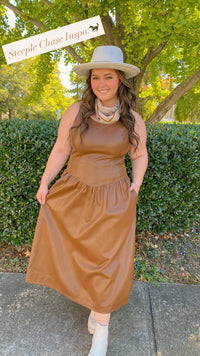 BROWN SCOOPED NECK SLEEVELESS DROP WAIST FAUX LEATHER MIDI DRESS | Sunday Edition by LE LIS