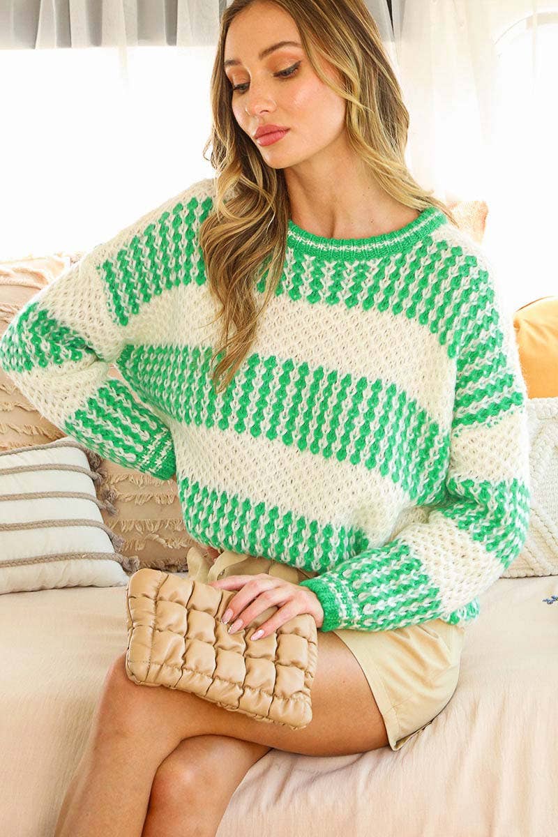 IVORY AND GREEN STRIPED SWEATER-Vine & Love-Sissy Boutique