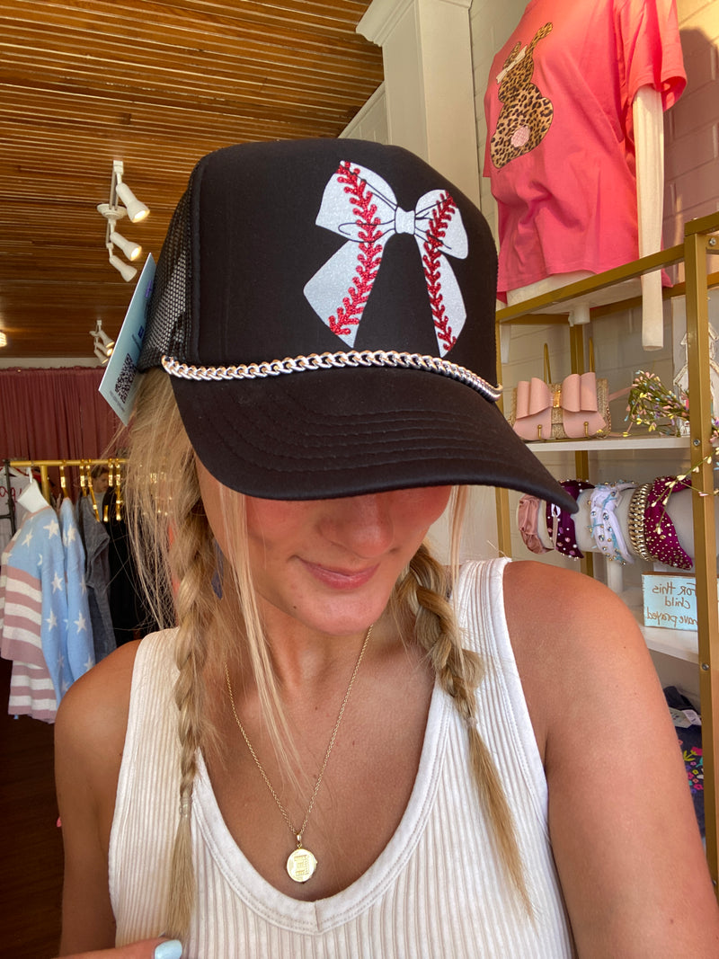 BASEBALL BOW TRUCKER HAT WITH SILVER CHAIN-Grace And Groove-Sissy Boutique