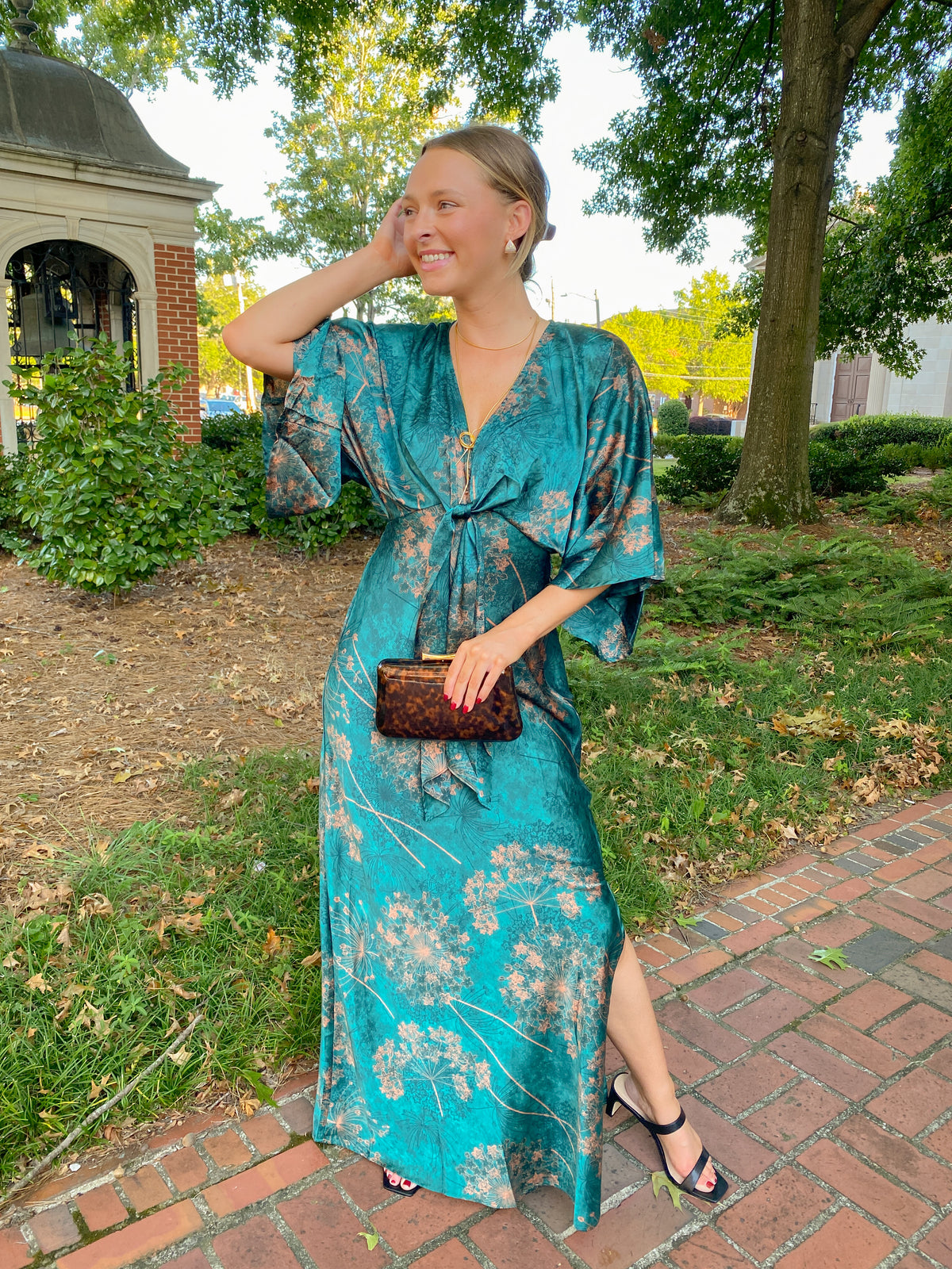 Teal Floral Kimono Sleeve Tie Back Maxi Dress l | Aakaa