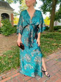Teal Floral Kimono Sleeve Tie Back Maxi Dress l | Aakaa