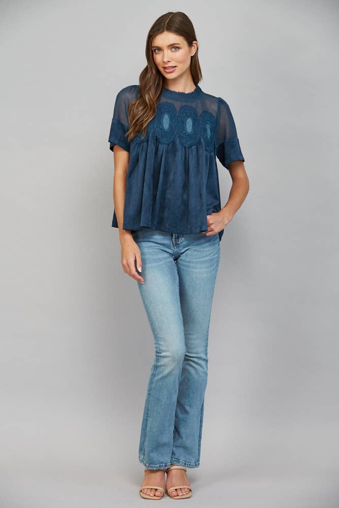 Mocha Brown Suede Top with Sheer Mesh Uppere Panel with Lace Applique | FATE