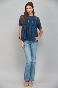 Mocha Brown Suede Top with Sheer Mesh Uppere Panel with Lace Applique | FATE