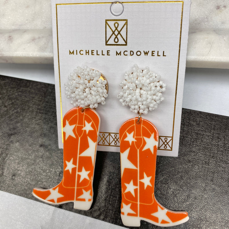 MICHELLE MCDOWELL WHITE AND ORANGE COWBOY STAR BOOT EARRINGS-Michelle McDowell-Sissy Boutique