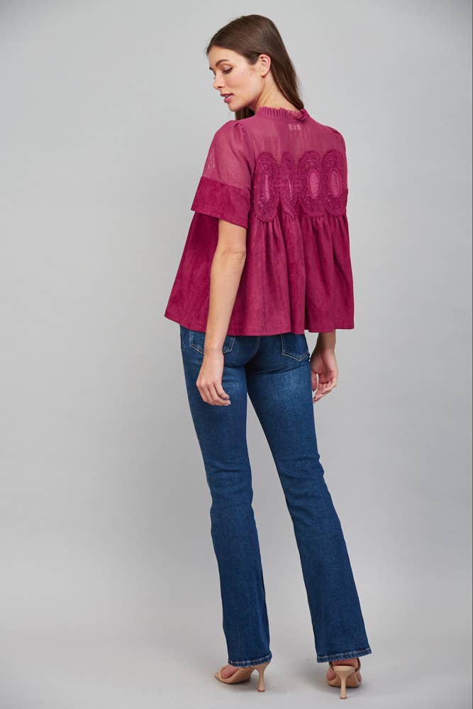 Mocha Brown Suede Top with Sheer Mesh Uppere Panel with Lace Applique | FATE