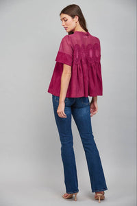 Mocha Brown Suede Top with Sheer Mesh Uppere Panel with Lace Applique | FATE
