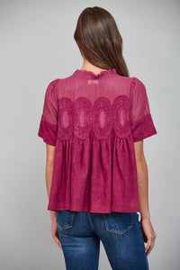 Mocha Brown Suede Top with Sheer Mesh Uppere Panel with Lace Applique | FATE