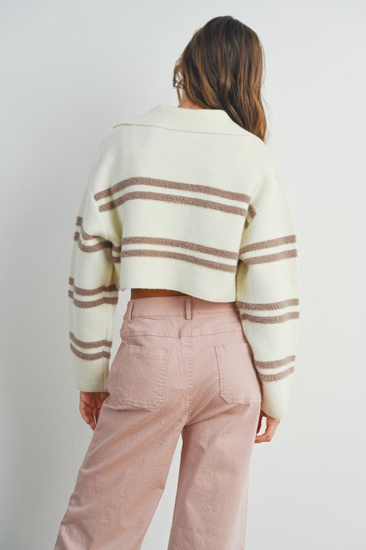 STRIPED IVORY AND TAUPE STRIPED CROPPED COLLARED SWEATER-Sissy Boutique-Sissy Boutique