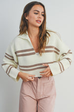 Striped Ivory and Taupe Striped Cropped Collared Sweater Sissy Boutique